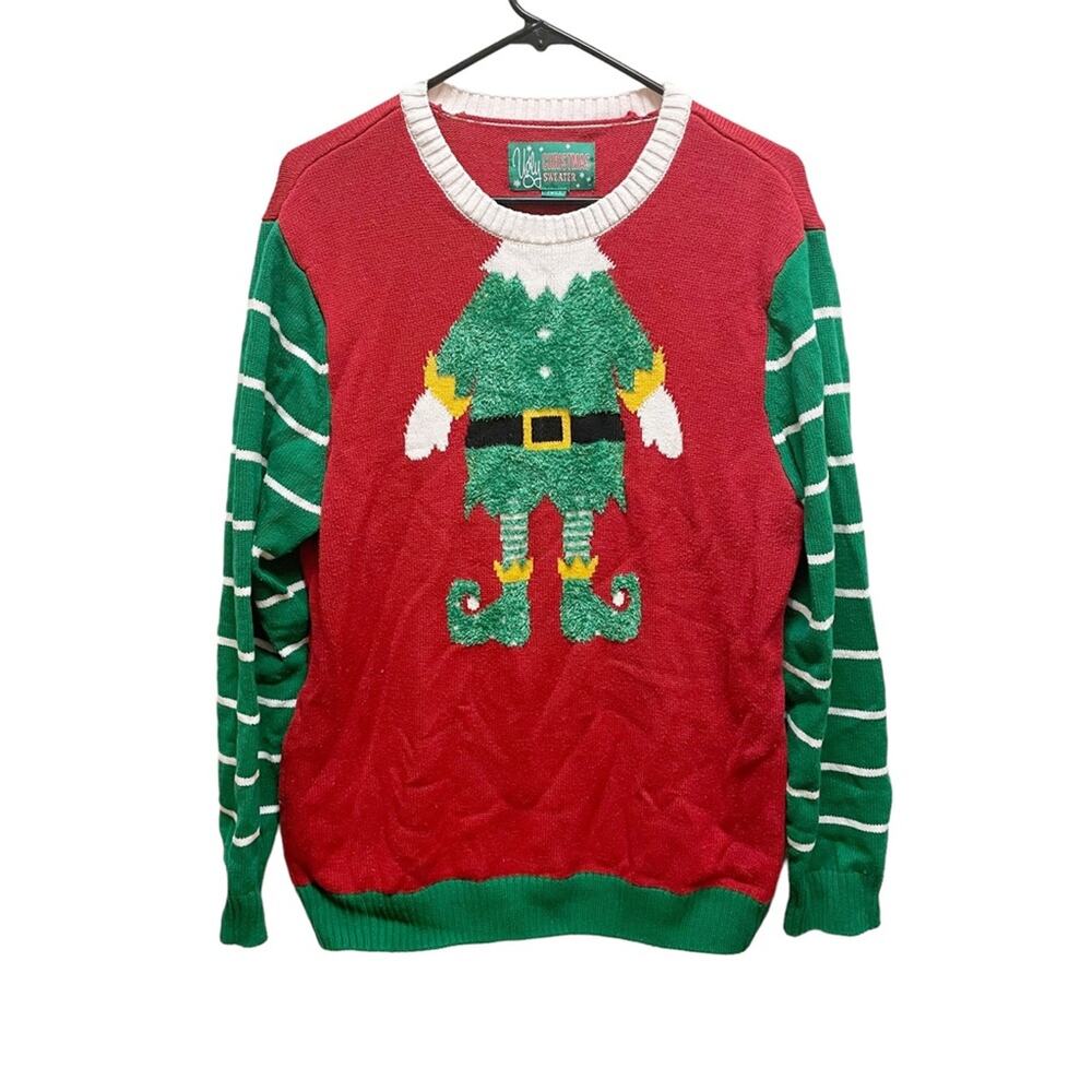 Ugly Christmas Sweater Elf Long Sleeve Pullover Red & Green Sweater XL